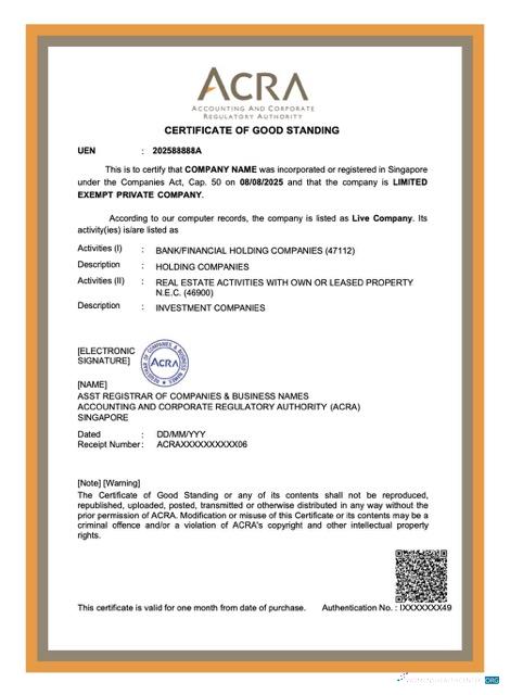 Singapore certificate of good standing Word and PDF template, version 2